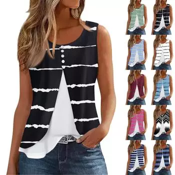 Женская майка, повседневная модная блузка без рукавов с пуговицами и круглым вырезом, подходит для лета L чёрный