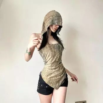 Женская майка-реглан в стиле лоскутного кроя с открытой спиной и неровным подолом S серый