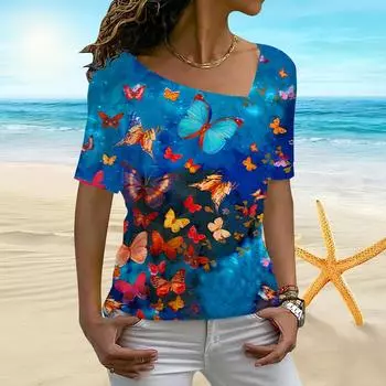 Женская майка с короткими рукавами и 3D-принтом звездной бабочки, нерегулярный воротник, женская футболка XS синий