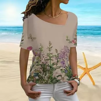 Женская майка с короткими рукавами и 3D колокольчиком с принтом орхидеи, нерегулярный воротник, женская футболка XS фиолетовый