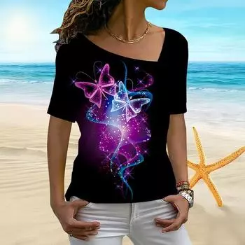 Женская майка с короткими рукавами и 3D-принтом двойной бабочки, нерегулярный воротник, женская футболка XS фиолетовый