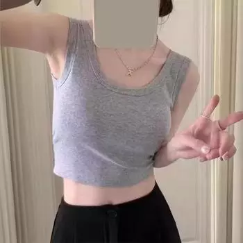 Женская майка с круглым вырезом без рукавов, приталенная майка, однотонные топы с высокой эластичной подошвой и бретельками светло-серый