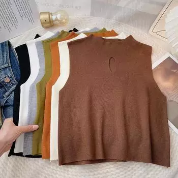 Женская майка с круглым вырезом, вязаные топы без рукавов One Size