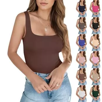 Женская майка с квадратным вырезом, симпатичные летние топы, бесшовная тонкая базовая рубашка без рукавов L чёрный