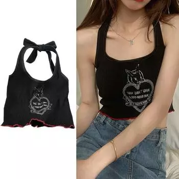 Женская майка с лямкой на шее и принтом, летняя сексуальная облегающая рубашка без рукавов и открытой спины, милая женская футболка Y2K, топы без рукавов S