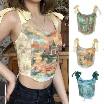 Женская майка с открытой талией и квадратным вырезом без рукавов с художественным принтом на шнуровке L синий