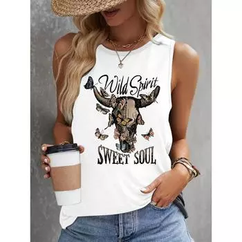 Женская майка с принтом бабочки и головы коровы, уличная мода, женская футболка без рукавов, летняя повседневная женская майка S