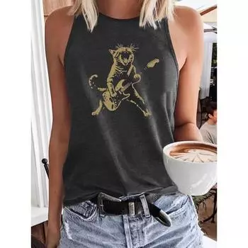 Женская майка с принтом гитары и кота в стиле 3D Street Rock, модная летняя майка на каждый день, женская футболка без рукавов M