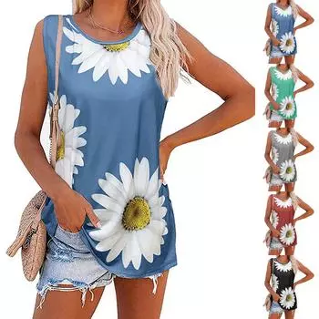 Женская майка с принтом, повседневная свободная футболка с хризантемой без рукавов и круглым вырезом
