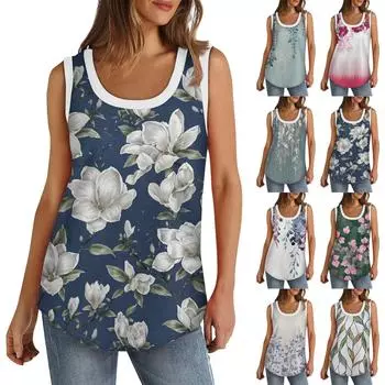 Женская майка с U-образным вырезом, базовые повседневные летние топы без рукавов с глубоким вырезом и принтом по бокам для женщин L синий