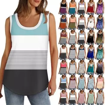 Женская майка с U-образным вырезом, базовые повседневные летние летние топы без рукавов с глубоким вырезом и принтом для женщин L синий