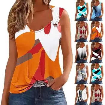 Женская майка с V-образным вырезом, базовые повседневные летние летние топы без рукавов с глубоким боковым вырезом и принтом для женщин XL оранжевый