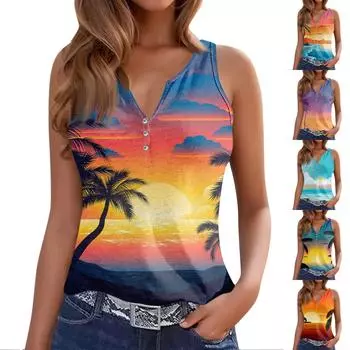 Женская майка с V-образным вырезом, базовые повседневные летние топы без рукавов с принтом для женщин L синий