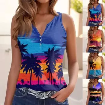 Женская майка с V-образным вырезом, базовые повседневные летние топы без рукавов с принтом для женщин L синий