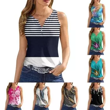 Женская майка с V-образным вырезом, базовый повседневный принт, летние летние топы без рукавов с глубоким боковым вырезом для женщин XXL