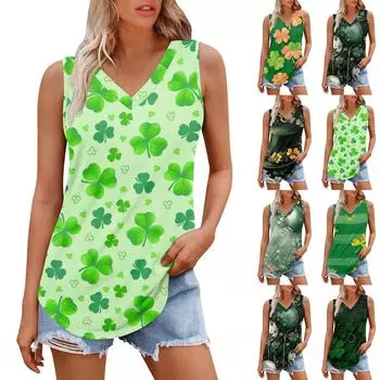 Женская майка с V-образным вырезом для девочек. День Патрика Печать Повседневный Топ Майки Для Женщин Свободный Покрой Без Рукавов Топы Струящиеся XL