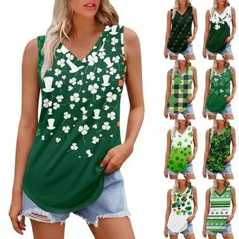 Женская майка с V-образным вырезом для девочек. День Патрика Печать Повседневный Топ Майки Для Женщин Свободный Покрой Без Рукавов Топы Струящиеся XL белый