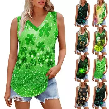 Женская майка с V-образным вырезом для девочек. День Патрика Печать Повседневный Топ Майки Для Женщин Свободный Покрой Без Рукавов Топы Струящиеся XXXL