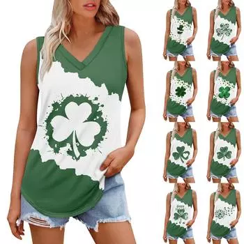 Женская майка с V-образным вырезом для девочек. День Патрика Печать Повседневный Топ Майки Для Женщин Свободный Покрой Без Рукавов Топы Струящиеся M зелёный