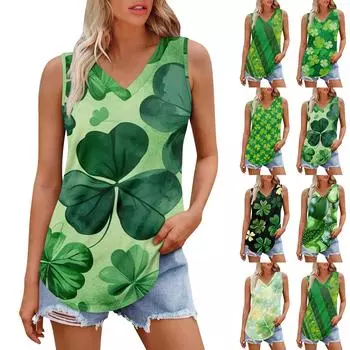 Женская майка с V-образным вырезом для девочек. День Патрика Печать Повседневный Топ Майки Для Женщин Свободный Покрой Без Рукавов Топы Струящиеся XL чёрный