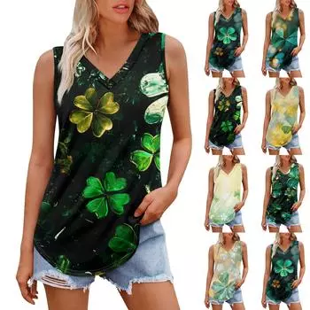 Женская майка с V-образным вырезом для девочек. День Патрика Печать Повседневный Топ Майки Для Женщин Свободный Покрой Без Рукавов Топы Струящиеся XXXL зелёный