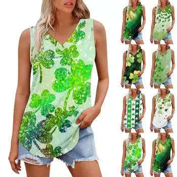 Женская майка с V-образным вырезом для девочек. День Патрика Печать Повседневный Топ Майки Для Женщин Свободный Покрой Без Рукавов Топы Струящиеся L