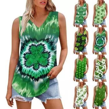 Женская майка с V-образным вырезом для девочек. День Патрика Печать Повседневный Топ Майки Для Женщин Свободный Покрой Без Рукавов Топы Струящиеся L