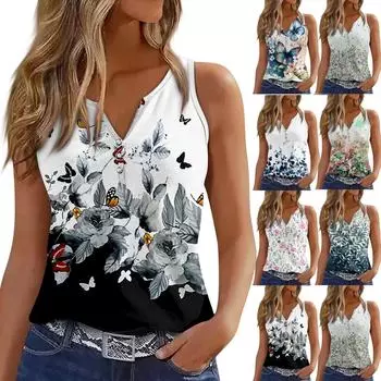 Женская майка с V-образным вырезом и цветочным принтом, повседневные летние летние топы без рукавов с глубоким боковым вырезом для женщин XXL розовый