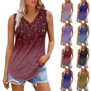 Женская майка с V-образным вырезом и принтом, повседневная майка, свободный крой, топы без рукавов, струящиеся L чёрный