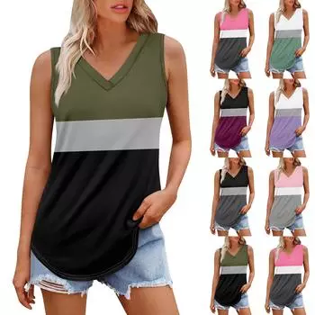 Женская майка с V-образным вырезом и принтом, повседневная майка, свободный крой, топы без рукавов, струящиеся L темно-зеленого