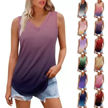 Женская майка с V-образным вырезом и принтом, повседневная майка, свободный крой, топы без рукавов, струящиеся L чёрный