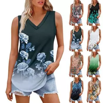 Женская майка с V-образным вырезом и принтом, повседневная майка, свободный крой, топы без рукавов, струящиеся L циан