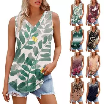 Женская майка с V-образным вырезом и принтом, повседневная майка, свободный крой, топы без рукавов, струящиеся L чёрный