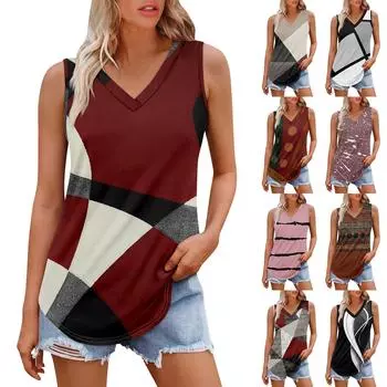 Женская майка с V-образным вырезом и принтом, повседневная майка, свободный крой, топы без рукавов, струящиеся L чёрный