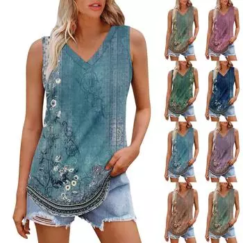 Женская майка с V-образным вырезом и принтом, повседневная майка, свободный крой, топы без рукавов, струящиеся XL зелёный