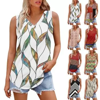 Женская майка с V-образным вырезом и принтом, повседневная майка, свободный крой, топы без рукавов, струящиеся S чёрный