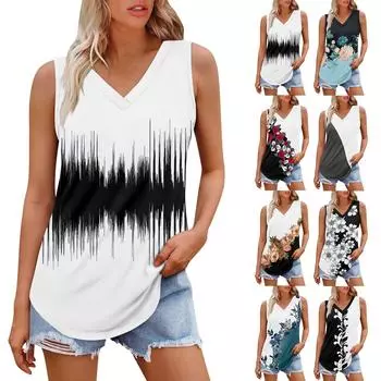 Женская майка с V-образным вырезом и принтом, повседневная майка, свободный крой, топы без рукавов, струящиеся XXL синий