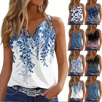 Женская майка с V-образным вырезом и цветочным принтом, повседневные летние летние топы без рукавов с глубоким боковым вырезом для женщин XXL тёмно-синий