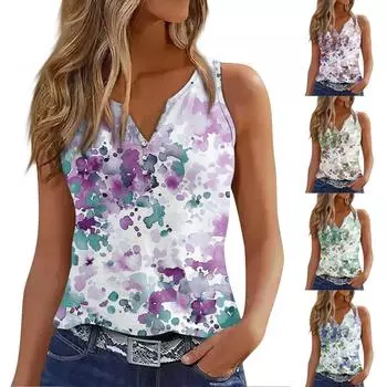 Женская майка с V-образным вырезом и цветочным принтом, повседневные летние летние топы без рукавов с глубоким боковым вырезом для женщин S синий