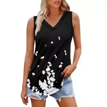 Женская майка с V-образным вырезом и принтом, повседневная майка, свободный крой, топы без рукавов, струящиеся S