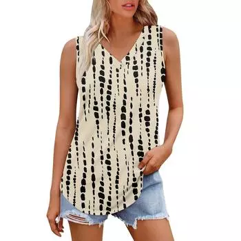 Женская майка с V-образным вырезом и принтом, повседневная майка, свободный крой, топы без рукавов, струящиеся S синий