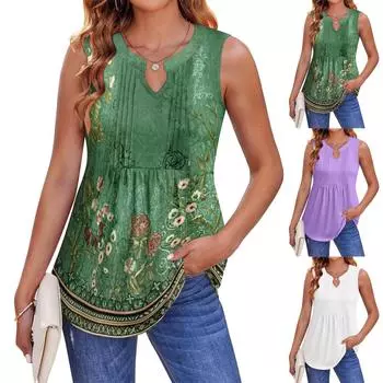 Женская майка с V-образным вырезом и принтом, повседневная майка, свободный крой, топы без рукавов, струящиеся S