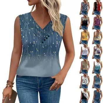 Женская майка с винтажным цветочным принтом, летняя футболка на пуговицах с V-образным вырезом, свободный модный топ без рукавов L чёрный