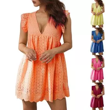 Женская майка с вырезом и рюшами и карманами, летнее однотонное платье Хакама с v-образным вырезом S оранжевый
