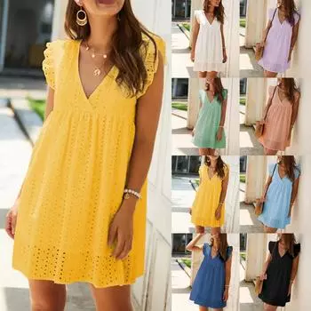 Женская майка с вырезом и рюшами и карманами, летнее однотонное платье Хакама с v-образным вырезом L жёлтый