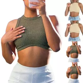 Женская майка с вырезом R Neck, базовая однотонная повседневная струящаяся летняя безрукавка с глубоким боковым вырезом для женщин L армия зеленый