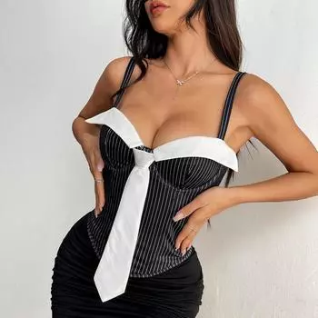 Женская майка-топ Pure Desire с глубоким вырезом и завязками, с запахом и бахромой S чёрный