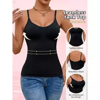 Женская майка-топ с утягивающим эффектом - бесшовная, удобная, утягивающая живот, майка-топ с утягивающим эффектом из синей нейлоновой смеси с безрукавным дизайном для повседневной носки S чёрный