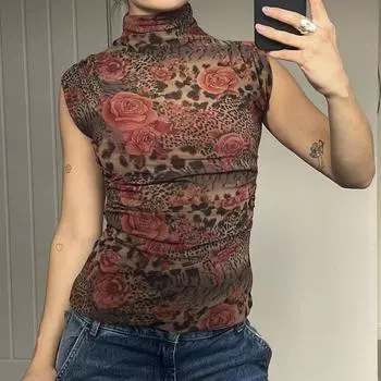 Женская майка-топ с винтажным цветочным принтом и высоким воротом без рукавов Spice Girls Street Clashing Color Niche со складками и поясом для похудения S коричневый