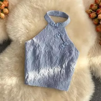 Женская майка в китайском стиле, винтажный однотонный укороченный топ без рукавов с воротником-стойкой без лямки на груди, без рукавов Y2k M чёрный